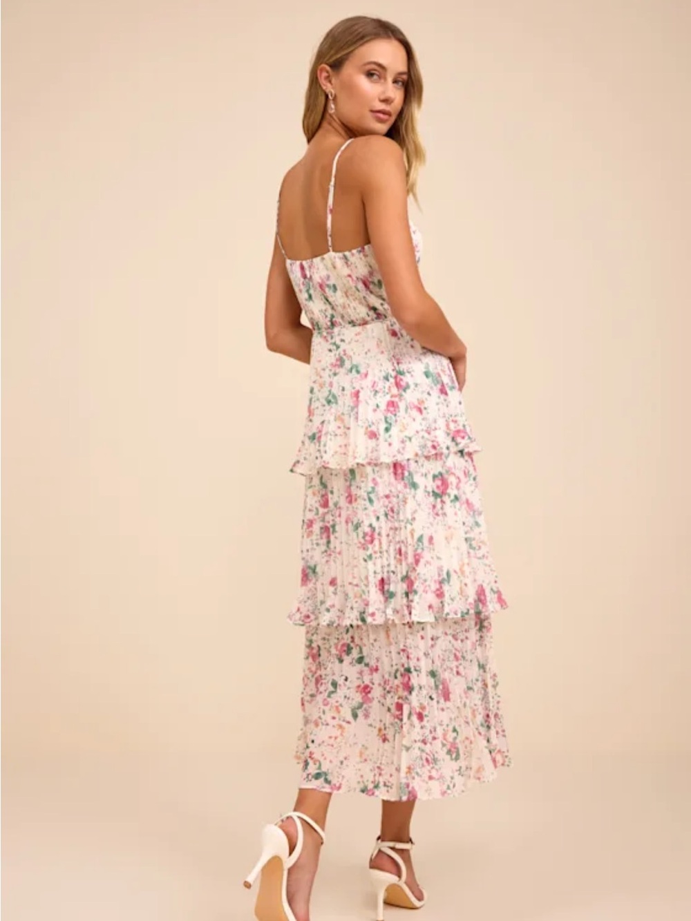 Lulus‎ Cascading Crush NWT size S Ivory Floral Print Tiered Bustier Midi Dress - Picture 2 of 11